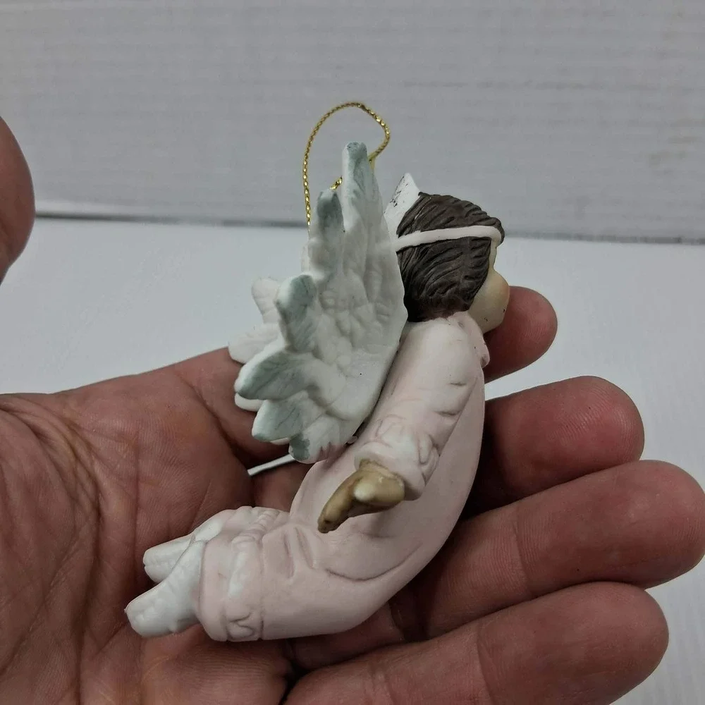 Vintage 1993 HOL Ceramic Angel Christmas Ornament Pink Gown Cherub Kneeling 3